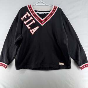 1413 Fila V-Neck Sweatshirt with Spellout Logo, Black, Size XL